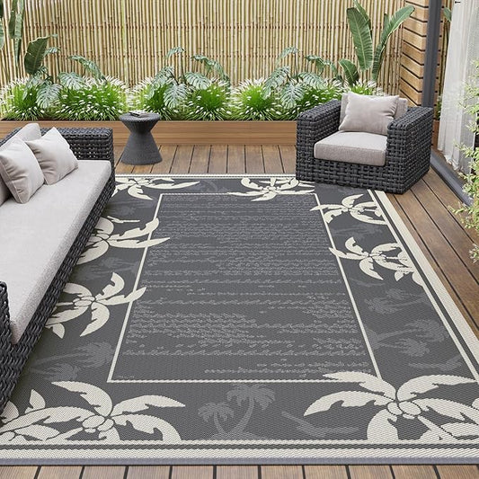 COCOER Outdoor-Rug 9x12 ft Waterproof Outdoor Plastic Straw Rug Reversible RV Indoor Outdoor Carpet Quick Dry Patio Rug Camping Mat for Balcony Backyard Picnic Beach-Grey&Beige