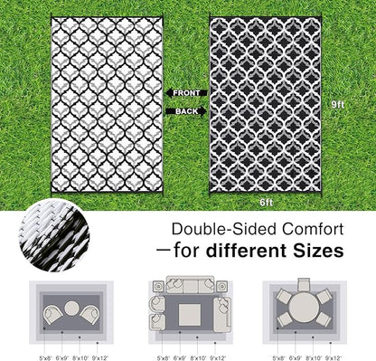 OLANLY Reversible Outdoor Rug 6x9 ft Clearance, Waterproof Outdoor Plastic Straw Rug with Interlacing Pattern, RV Mat for Patio, Camping, Balcony, Deck, Backyard, Black & White
