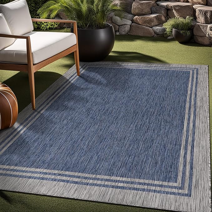 Bordered Outdoor Rug 5x7 Washable Outside Carpet for Indoor Patio Porch Waterproof Easy Cleaning Non Shedding Area Rugs Navy 5 x 7