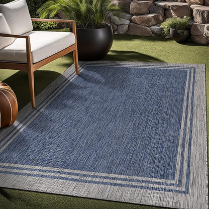 Bordered Outdoor Rug 6x9 Washable Outside Carpet for Indoor Patio Porch Waterproof Easy Cleaning Non Shedding Area Rugs Navy 6 x 9