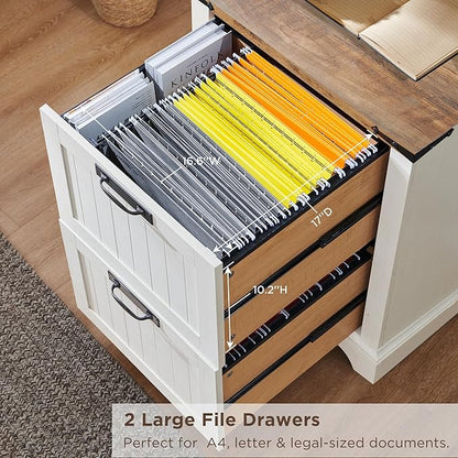 RedLemon Bookcase with 2 File Drawers, 72" Tall Farmhouse Bookshelf with Storage and Adjustable Shelves, 4 Tier Rustic Wood Bookshelf with Cabinet for Home Office, Living Room (Antique White)