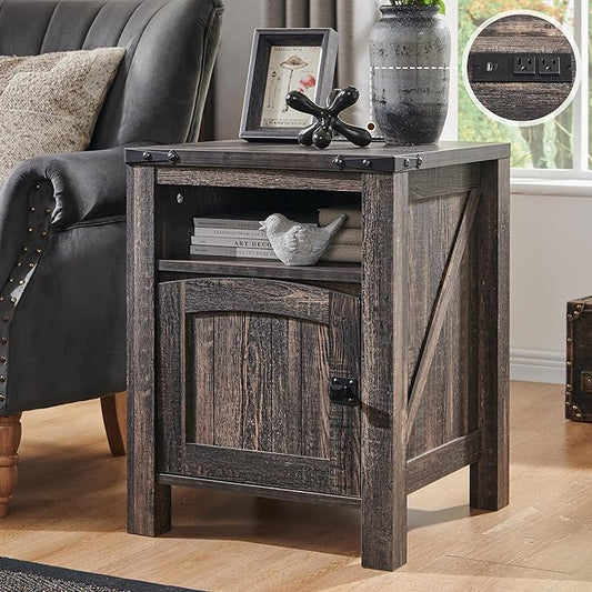 OKD Farmhouse Nightstand with Charging Station, 18" Rustic End Table with Adjustable Storage Shelf, Wood Rustic Wood Sofa Side Table for Bedroom