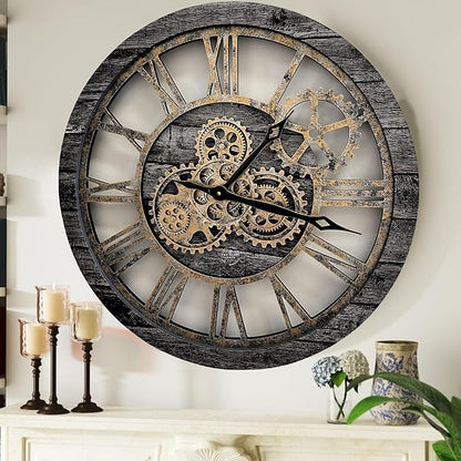 The Gears Clock The Original Real Moving Gear Wall Clock Vintage Industrial Oversized Rustic Farmhouse (24 inch (60cm), Vintage Carbon Grey and Bronze)
