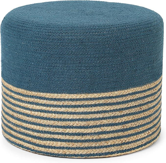 REDEARTH · Cylindrical Pouf Foot Stool Ottoman - Jute Braided Pouffe Poof Accent Sitting Footrest for Living Room, Bedroom, Nursery, Patio, Lounge & Other Rooms (Teal Natural, 18"x18"x14")