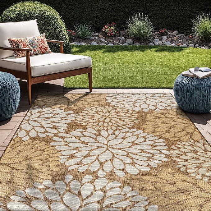 Beverly Rug Outdoor Rug 5x7 Modern Exotic Tropical Leaf Area Rugs for Indoor and Outdoor Patio Deck Porch Garden Water Resistant Washable Outside Carpet (5 x 7 Wooden)