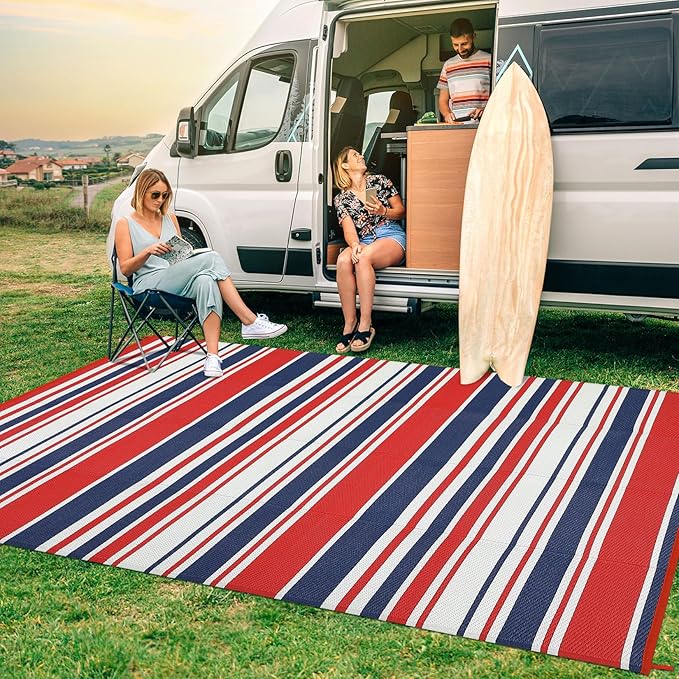 Outdoor Patio Rug 9x12 Stain-Resistant Reversible Camping Mat, Modern Striped Outdoor Plastic Straw Rug, Waterproof Outside Carpet, Easy to Clean for RV, Porch, Deck, Balcony, Red Blue White