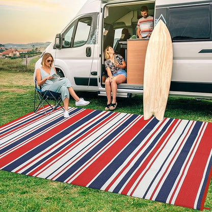 Outdoor Patio Rug 9x12 Stain-Resistant Reversible Camping Mat, Modern Striped Outdoor Plastic Straw Rug, Waterproof Outside Carpet, Easy to Clean for RV, Porch, Deck, Balcony, Red Blue White