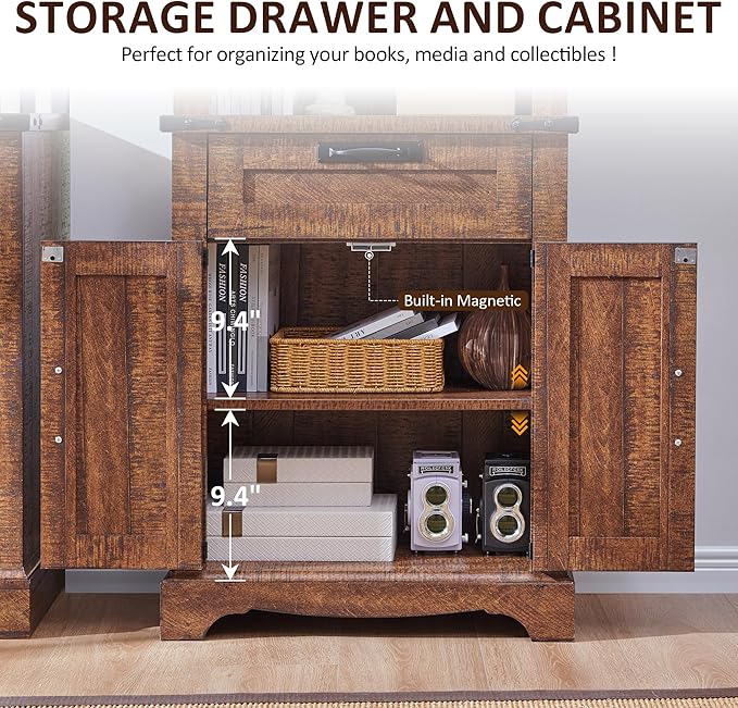 OKD 72'' Tall Bookshelf with Storage, Farmhouse 4 Tier Bookcase w/Barn Door, Adjustable Shelves and Drawers, Rustic Wooden Office Bookshelves for Home, Living Room, Library (Reclaimed Barnwood Color)