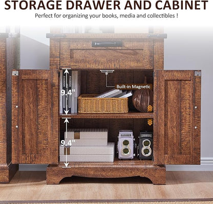 OKD 72'' Tall Bookshelf with Storage, Farmhouse 4 Tier Bookcase w/Barn Door, Adjustable Shelves and Drawers, Rustic Wooden Office Bookshelves for Home, Living Room, Library (Reclaimed Barnwood Color)