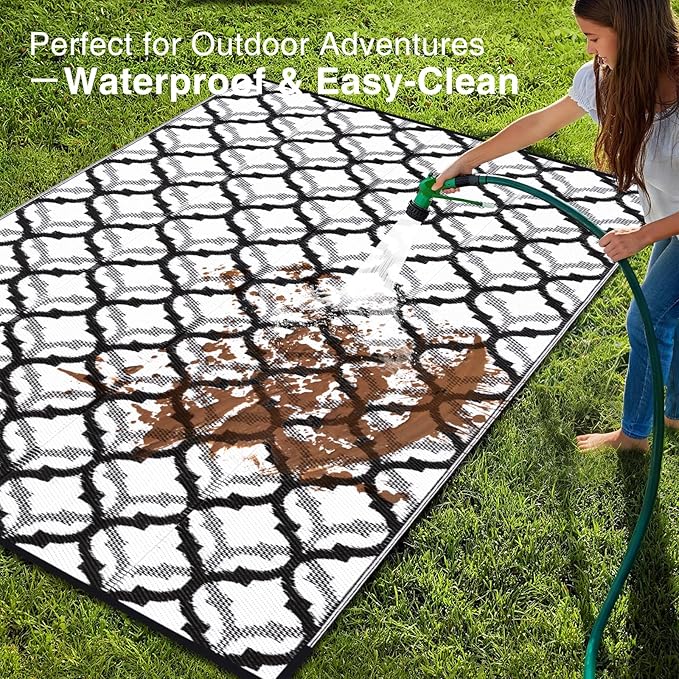 OLANLY Reversible Outdoor Rug 9x12 ft Clearance, Waterproof Outdoor Plastic Straw Rug with Interlacing Pattern, RV Mat for Patio, Camping, Balcony, Deck, Backyard, Black & White