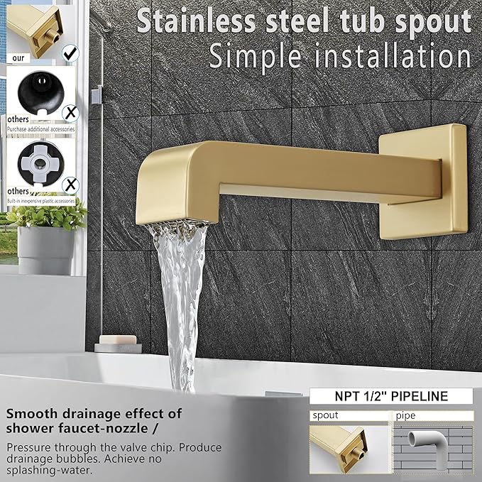 Brushed Gold Shower Fixtues, Tub and Shower Faucet Set Combo with 6 Inch Gold Shower Head and Tub Spout, Gold Shower Head and Handle Set (Valve Included)