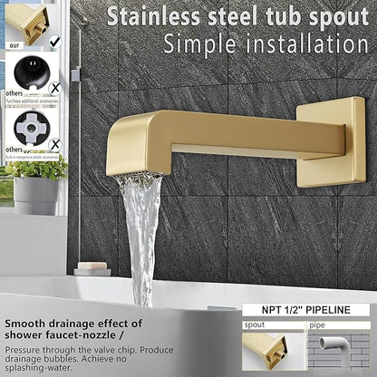 Brushed Gold Shower Fixtues, Tub and Shower Faucet Set Combo with 6 Inch Gold Shower Head and Tub Spout, Gold Shower Head and Handle Set (Valve Included)