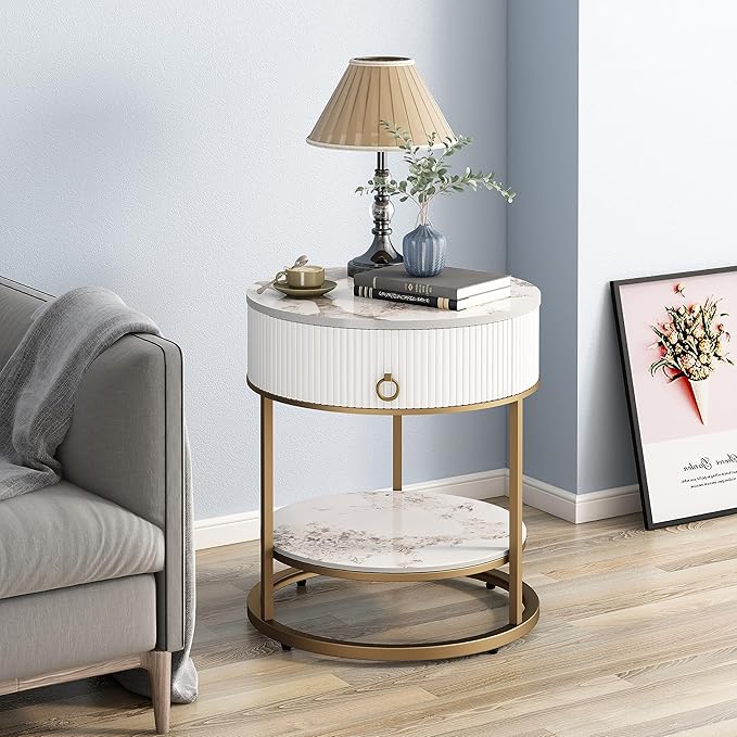 OIOG Round Side Table with Drawer, 2 Tier Night Stand with Shelf, Modern Side Table with Gold Legs for Living Room, Bedroom, Dorm, Marbling Natural Stone/Gold