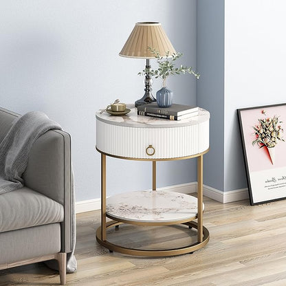 OIOG Round Side Table with Drawer, 2 Tier Night Stand with Shelf, Modern Side Table with Gold Legs for Living Room, Bedroom, Dorm, Marbling Natural Stone/Gold