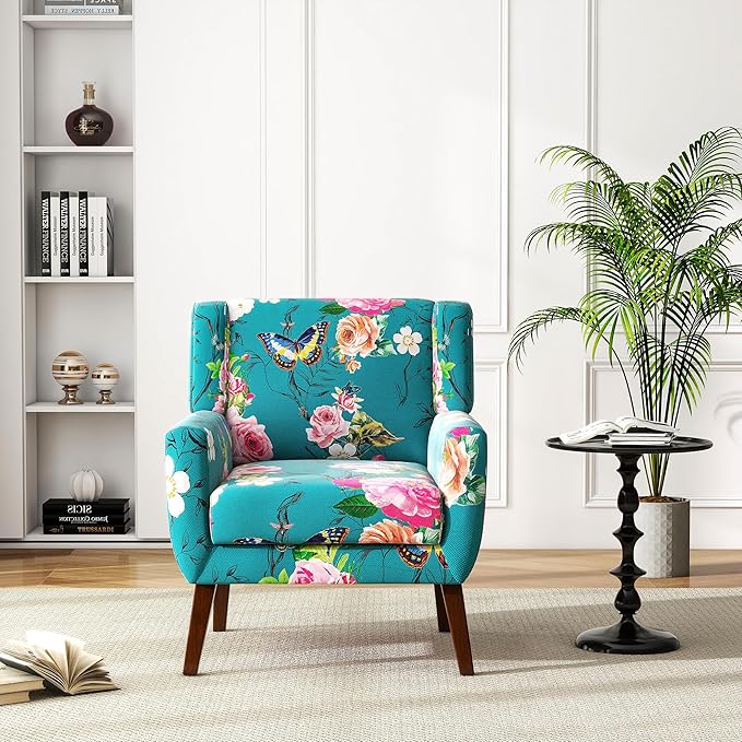 UIXE Floral Accent Chair, Modern Upholstered Armchair in Fabric for Living Room, Comfy Club Arm Chairs Single Sofa Button Tufted Bedroom Reading Seat - Pattern Blue, Set of 2