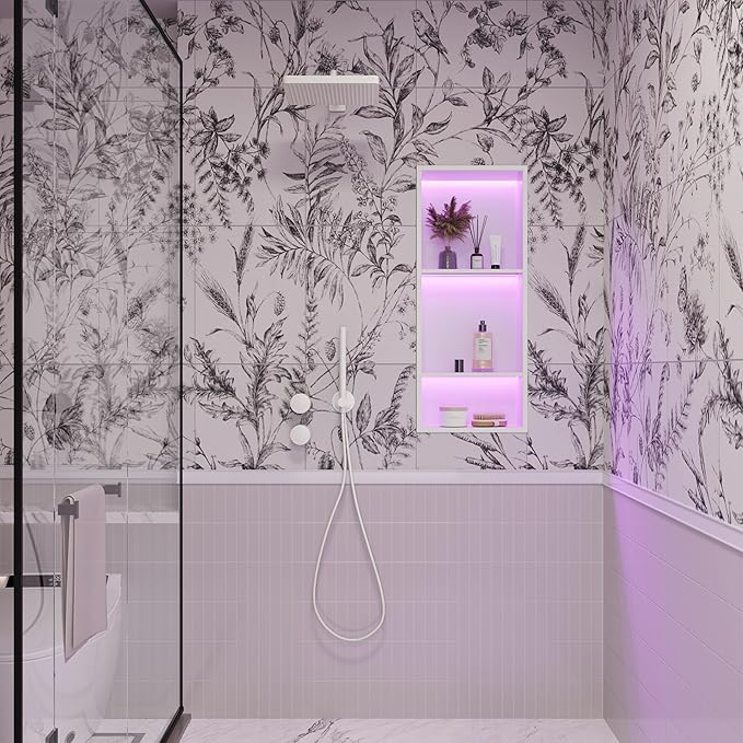 Stainless Steel Shower Niche 12" X 30", No Tile Needed Wall Niche with RGB Led Light, Recessed Shower Shelf for Bathroom Storage Over Mount Installation, Matte White