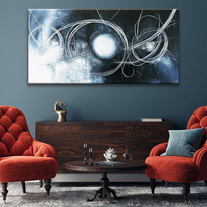 TAIJXAGSG Abstract Wall Art Modern Wall Decorations Maximalist Dark Blue Canvas Wall Art Decor Prints White Line Artwork For Living Room Bedroom Kitchen Office Artwork Ready To Hang 24"×48"