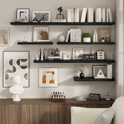 Black Floating Shelves 22.5 Inch Long, 8 Inch Deep Floating Shelf Wall Mounted, Rustic Wood Bathroom Shelves for Storage, 22.5x8 Deep Shelf Set of 2 with Invisible Brackets for Books|Storage|Decor