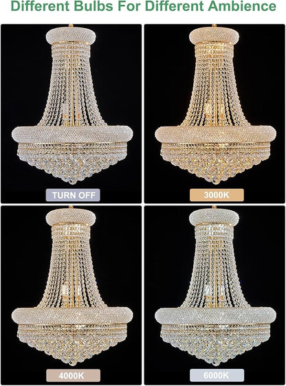 14 - Light Unique Empire Crystal Chandelier with Adjustable Chain for High Ceiling Foyer Entryway Living Room Dining Room Bedroom Gold Finish