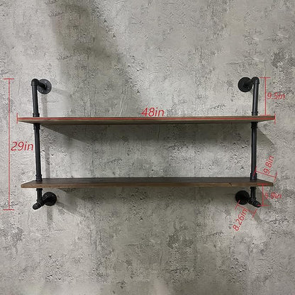 ROGMARS Industrial Pipe Shelves Shelving 48 inch with Solid Wood Planks Farmhouse Pipe Book Shelves Wall Mounted,Industrial Floating Shelves Bar Shelving Rustic Shelves 2 Tier for Kitchen,Living Room