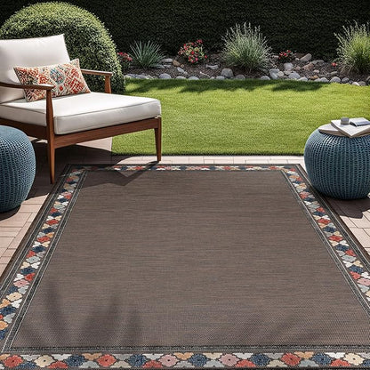 Beverly Rug Outdoor Rug 9x12 Modern Bordered Large Area Rugs for Indoor and Outdoor Patio Easy to Clean Non Shedding Living Room Porch Garden Washable Outside Carpet (9 x 12 Brown)