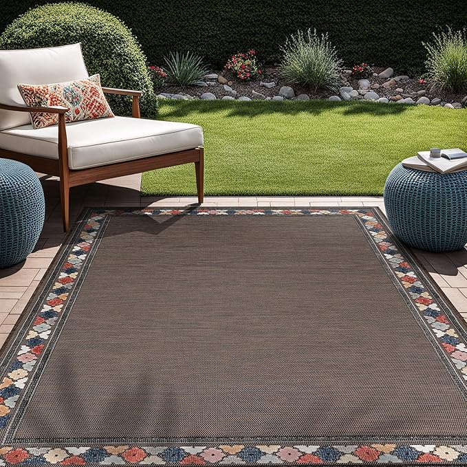 Beverly Rug Outdoor Rug 5x7 Modern Bordered Area Rugs for Indoor and Outdoor Patio Easy to Clean Non Shedding Living Room Porch Garden Washable Outside Carpet (5 x 7 Brown)