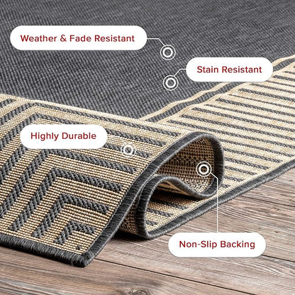nuLOOM 9'6" x 12' Outdoor Area Rug, Casual Design With Striped Border, Stain Resistant, Highly Durable, For Patio, Balcony, Bedroom, Living Room, Dining Room, Bathroom, Dark Grey