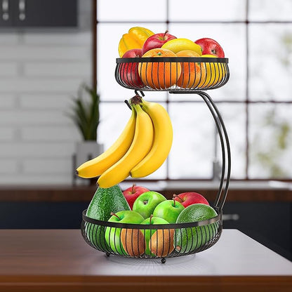 Simple Houseware 2-Tier Countertop Fruit Basket with Banana Hanger, Black