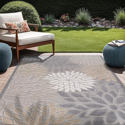 Beverly Rug Outdoor Rug 9x12 Large Modern Floral Tropical Area Rugs for Indoor and Outdoor Patio Easy to Clean Non Shedding Living Room Porch Garden Washable Outside Carpet (9 x 12 Gray)