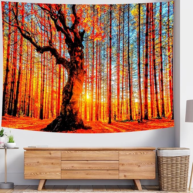 Delur Sunset Forest Tapestry Tree of Life Tropical Rainforest Landscape Tapestry Wall Hanging Scenic Nature Woodland Natural Sunrise Headboard for Bedroom Living Room Home Decor (59.1" x 78.7")