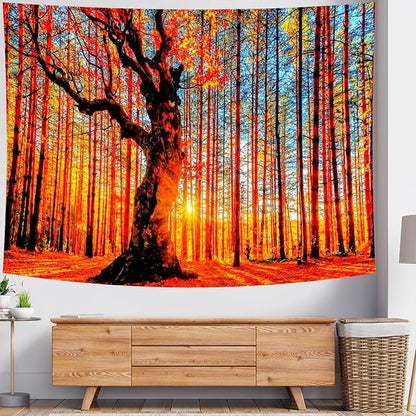 Delur Sunset Forest Tapestry Tree of Life Tropical Rainforest Landscape Tapestry Wall Hanging Scenic Nature Woodland Natural Sunrise Headboard for Bedroom Living Room Home Decor (59.1" x 78.7")