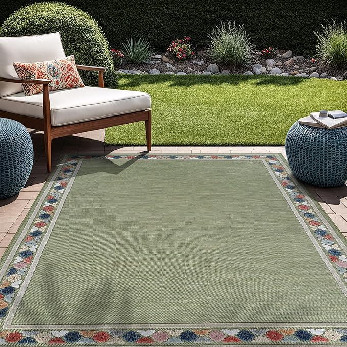 Beverly Rug Outdoor Rug 8x10 Modern Bordered Area Rugs for Indoor and Outdoor Patio Easy to Clean Non Shedding Living Room Porch Garden Washable Outside Carpet (8 x 10 Green)