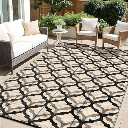 OLANLY Reversible Outdoor Rug 6x9 ft Clearance, Waterproof Outdoor Plastic Straw Rug with Interlacing Pattern, RV Mat for Patio, Camping, Balcony, Deck, Backyard, Black & Beige