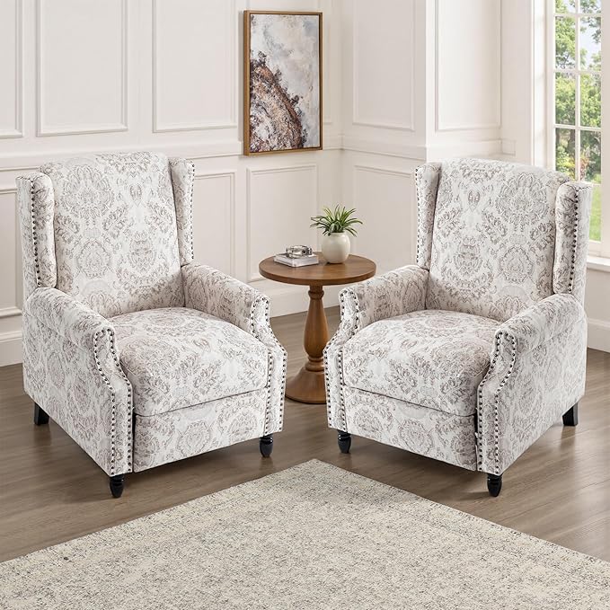 UIXE Recliner Chairs Set of 2, Fabric Upholstered Armchair Pushback Accent Chair for Living Room, Floral Rivet Trim Club Chair Home Theater Single Sofa Bedroom Side Reading Seat - Beige Pattern