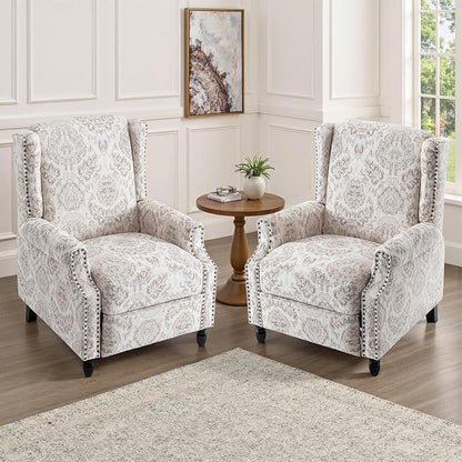 UIXE Recliner Chairs Set of 2, Fabric Upholstered Armchair Pushback Accent Chair for Living Room, Floral Rivet Trim Club Chair Home Theater Single Sofa Bedroom Side Reading Seat - Beige Pattern
