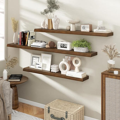 RICHFOCUS Live Edge Wood Floating Shelves 72" Natural Solid Wood Wall Mounted Shelf|Extra Long Floating Shelves for Wall with Invisible Bracket for Bathroom Kitchen Room|1Pcs, Walnut