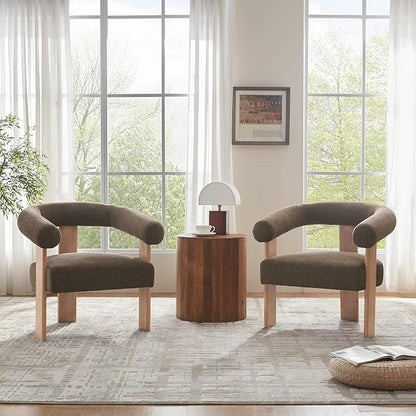 VKNOW Accent Chair Living Room Chair Set of 2, Modern Upholstered Armchair with Solid Wood Legs, Comfy Barrel Arm Chairs for Living Room Bedroom, Brown