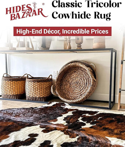 Tricolor Cowhide Rug Classic Brown, Black and White Color Mix, Natural Leather Hide, Area Rug (6x7ft)