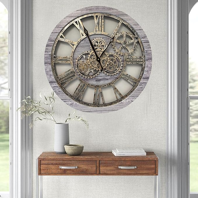 The Gears Clock The Original Real Moving Gear Wall Clock Vintage Industrial Oversized Rustic Farmhouse (24 inch (60cm),Silver Grey)