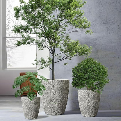 Craft flowerpots 16"+12"+10" Dia Round Concrete Planter Set of 3 Large Outdoor/Indoor Planter Pots Containers with Drainage Holes and Rubber Plug for Home Garden (Grey, Large)