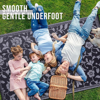 OLANLY Waterproof Outdoor Rug 9x12 ft, Outdoor Plastic Straw Rug with Flower Pattern, Reversible RV Mat for Patio, Camping, Balcony, Deck, Backyard, Black & Grey