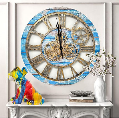 The Gears Clock The Original Real Moving Gear Wall Clock Vintage Industrial Oversized Rustic Farmhouse (24 inch (60cm), Vintage Ocean Blue and Bronze)