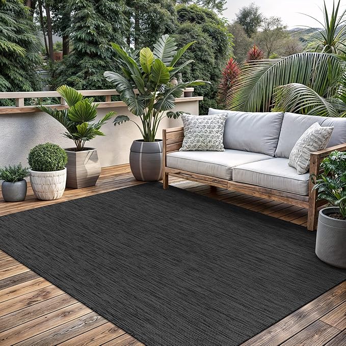 Washable Indoor Outdoor Rug 9x12 Weather Resistant Area Rugs Modern Solid for Porch Deck Balcony Backyard Patio Outside Carpet (9 X 12 Dark Grey)