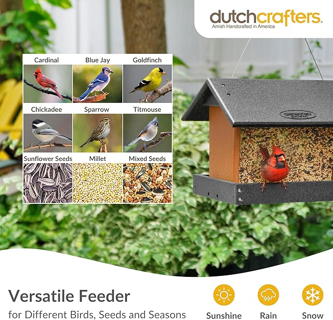 Poly Hanging Hopper Bird Feeder, Large Hanging Bird Feeder for Outside, Outdoors - Amish American Made (Black & Cedar)