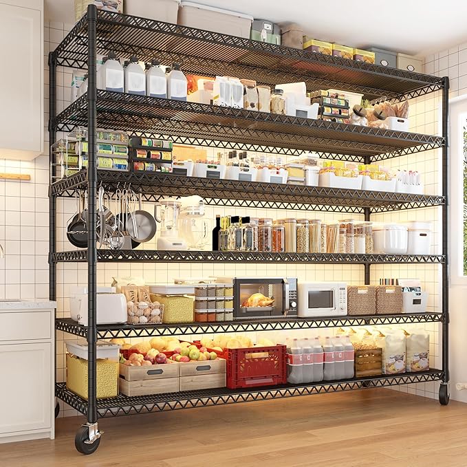 REIBII 60''W X 82.6" H Steel Heavy Duty Wire Shelving Unit with Wheels, 6-Tier Adjustable Storage Shelves 3598LBS Commercial Metal Shelves for Pantry, Garage, College Dorm Industrial Shelving, 2 Pack