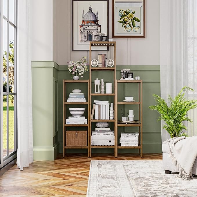 SMIBUY Bathroom Storage Shelf, 5-Tier Bamboo Rack Organizer, Multifunctional Shelving Unit for Living Room Bedroom Kitchen (Walnut)