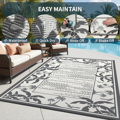 COCOER Outdoor-Rug 6x9 ft Waterproof Reversible Outdoor Plastic Straw Rug RV Indoor Outdoor Carpet Quick Dry Patio Rug Camping Mat for Balcony Backyard Picnic Beach-Grey&Beige