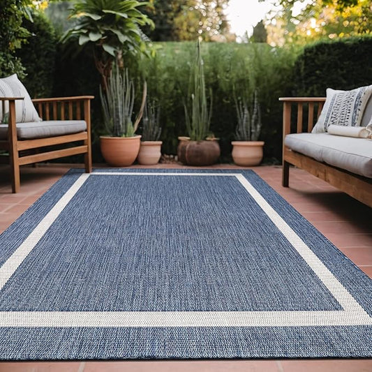 Bordered Outdoor Rug 8x10 Washable Outside Carpet for Indoor Patio Porch Waterproof Easy Cleaning Non Shedding Area Rugs Blue 8 x 10