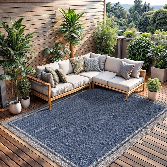 CAMILSON Outdoor Rug, 9x12 Bordered Navy Blue Gray Modern Large Area Rugs for Indoor and Outdoor Patios, Porches Waterproof Washable Porch Deck Outside Carpet (Bordered Navy, 9 x 12)