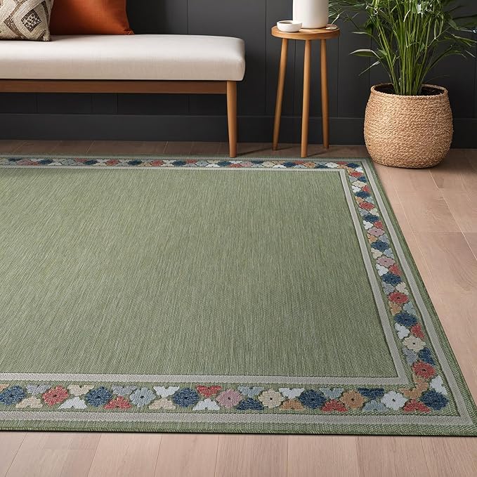 Beverly Rug Outdoor Rug 10x14 Modern Bordered Large Area Rugs for Indoor and Outdoor Patio Easy to Clean Non Shedding Living Room Porch Garden Washable Outside Carpet (10 x 14 Green)